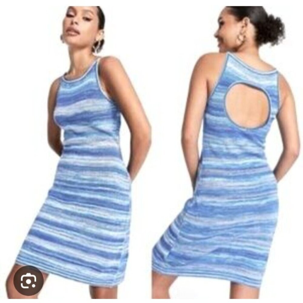 & Other Stories Blue Space Dye Knit Mini Dress Cut Out Back US S $89 NWT
